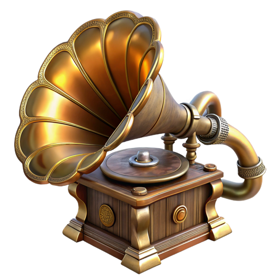 gorgeous distinctive Steampunk gramophone with a large horn and intricate details. NO BACKGROUND with Transparent Background. png