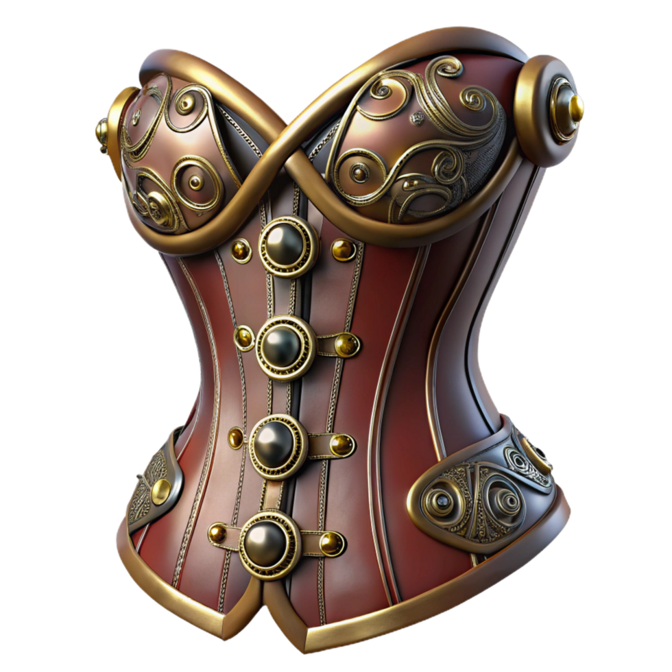 mesmerizing passionate impressionist Steampunk corset with intricate lacing and metallic embellishments. NO BACKGROUND with Transparent Background. crisp png