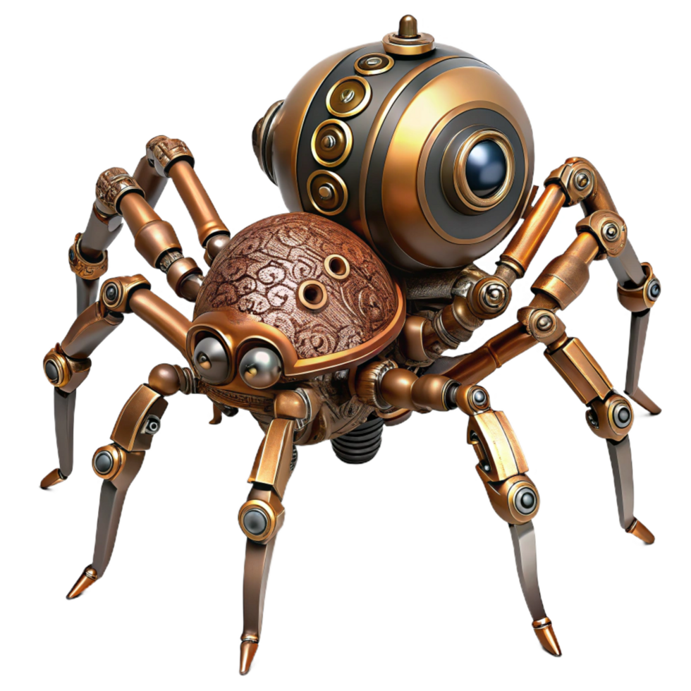 mesmerizing futuristic Steampunk spider automaton with intricate leg movements. NO BACKGROUND with Transparent Background. high quality png