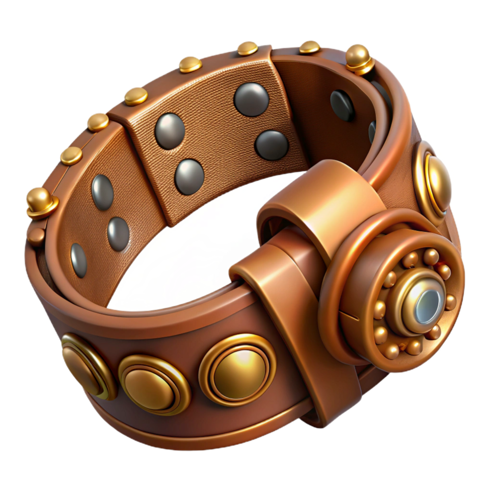 exemplary tropical Steampunk bracelet with intricate carvings and leather straps. NO BACKGROUND with Transparent Background. gallery standard png