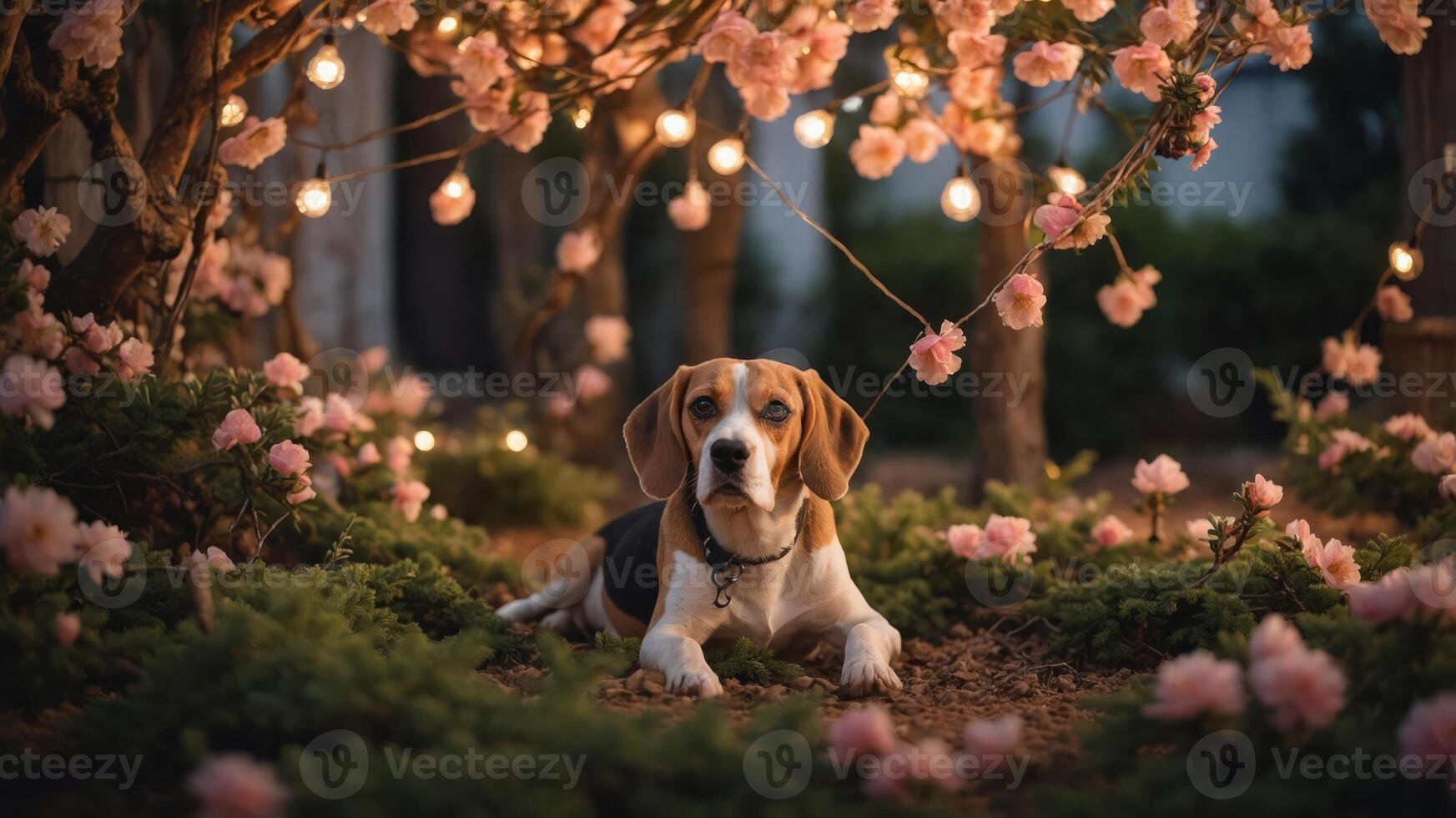 A beagle relaxes under blossoming flowers and string lights in a serene garden setting. photo