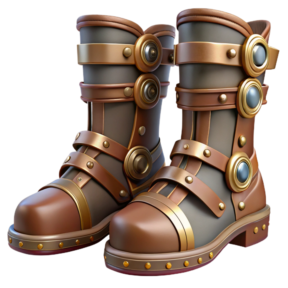 extraordinary inspired Steampunk boots with intricate buckles and metal plating. NO BACKGROUND with Transparent Background. png