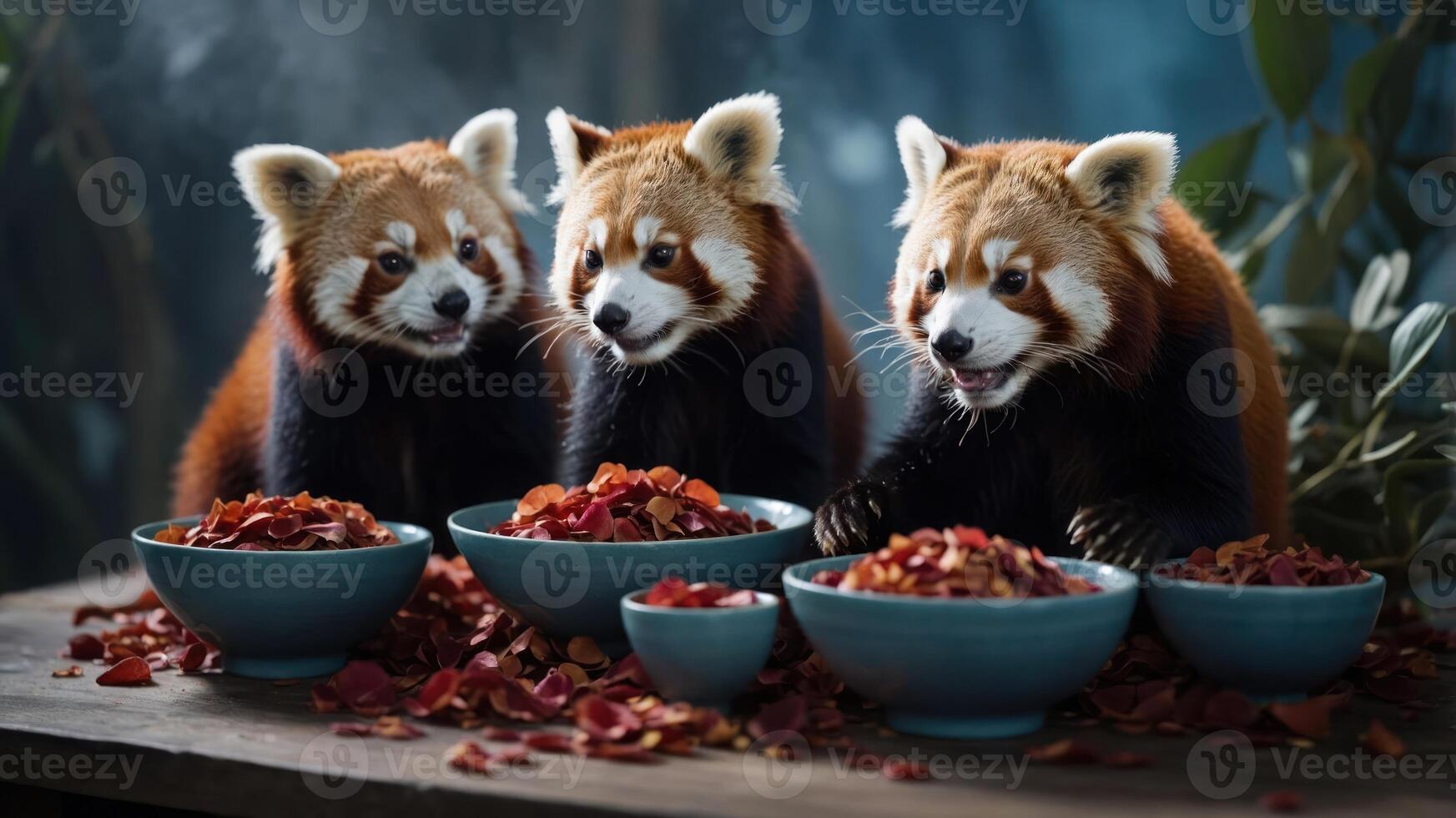 Three red pandas enjoying colorful food in bowls, surrounded by petals. photo