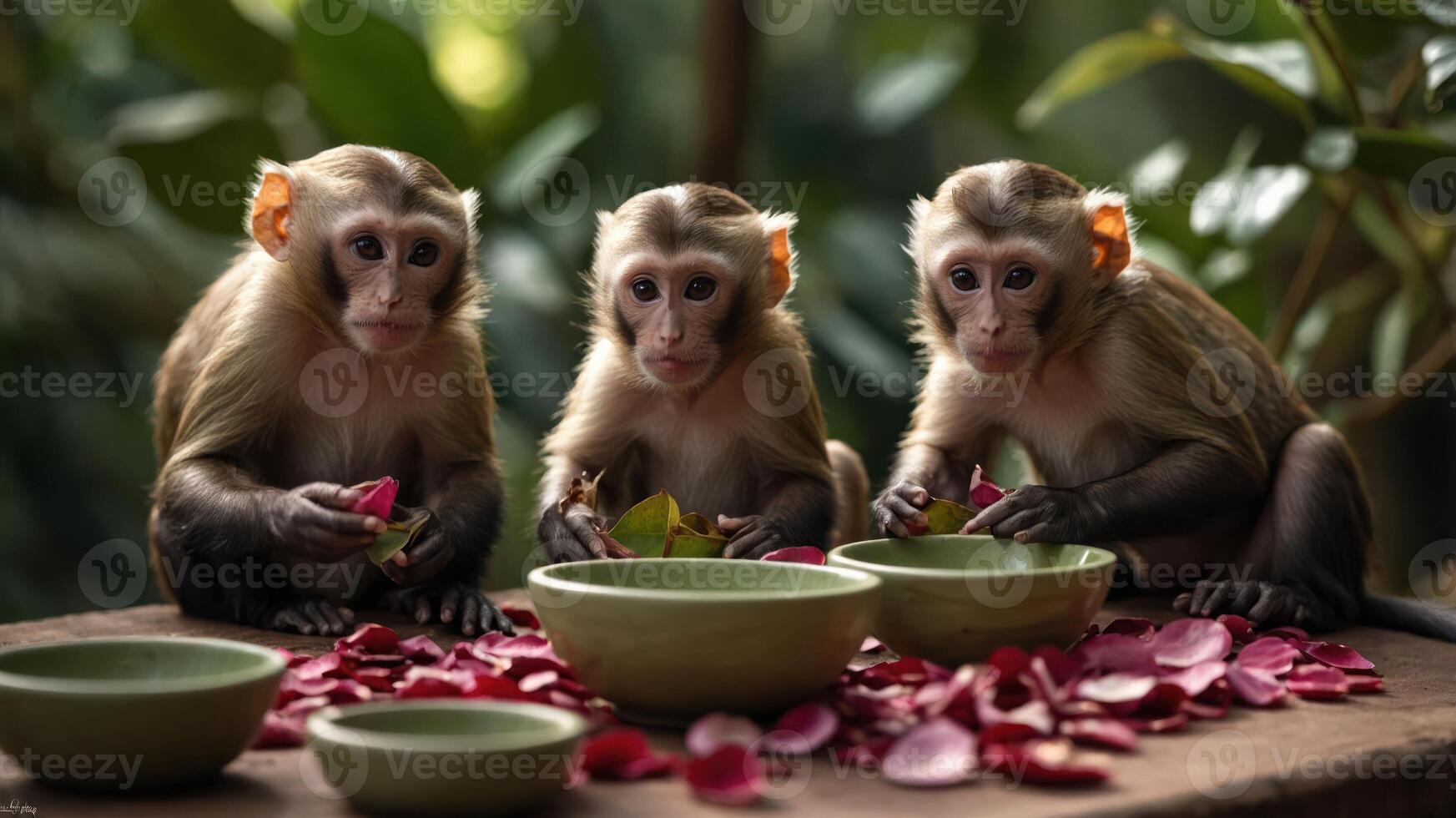 Three monkeys sitting together, enjoying petals and leaves in a lush environment. photo