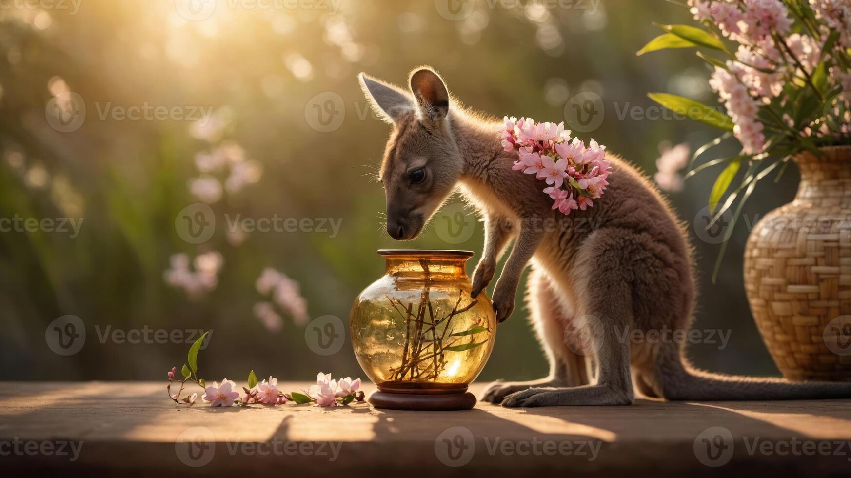 A kangaroo curiously examines a glass jar surrounded by flowers in a serene setting. photo