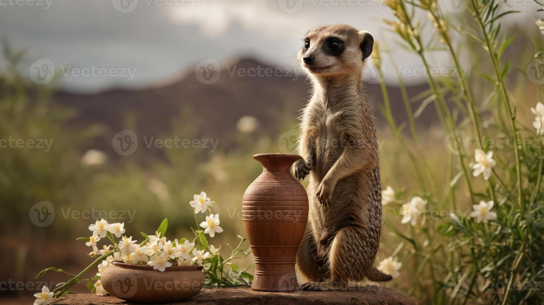 A meerkat stands beside a clay pot and a bowl of flowers in a natural setting. photo