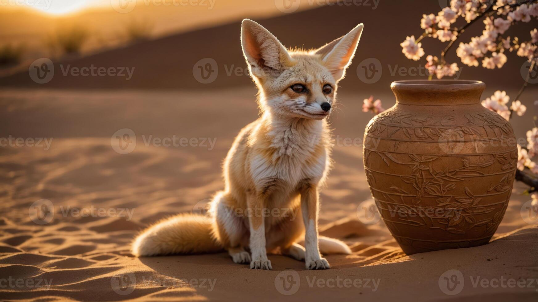 A fennec fox sits beside a decorative pot in a desert landscape at sunset. photo