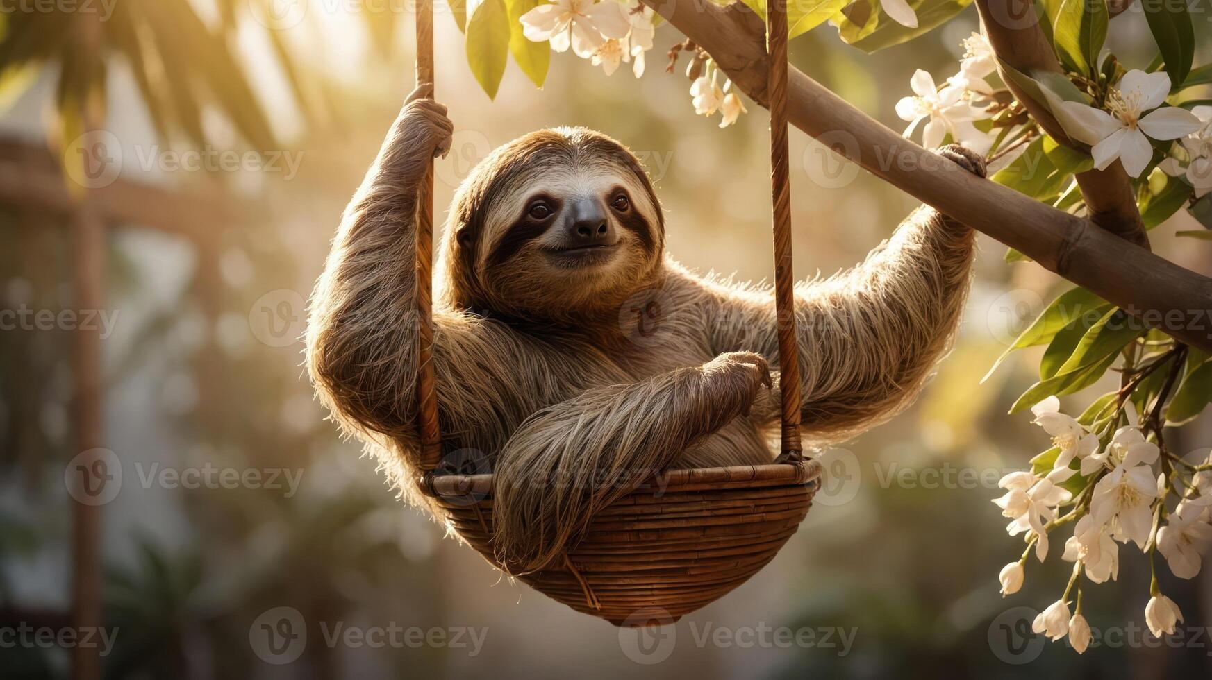 A sloth relaxing in a woven basket among flowers, capturing a serene moment in nature. photo