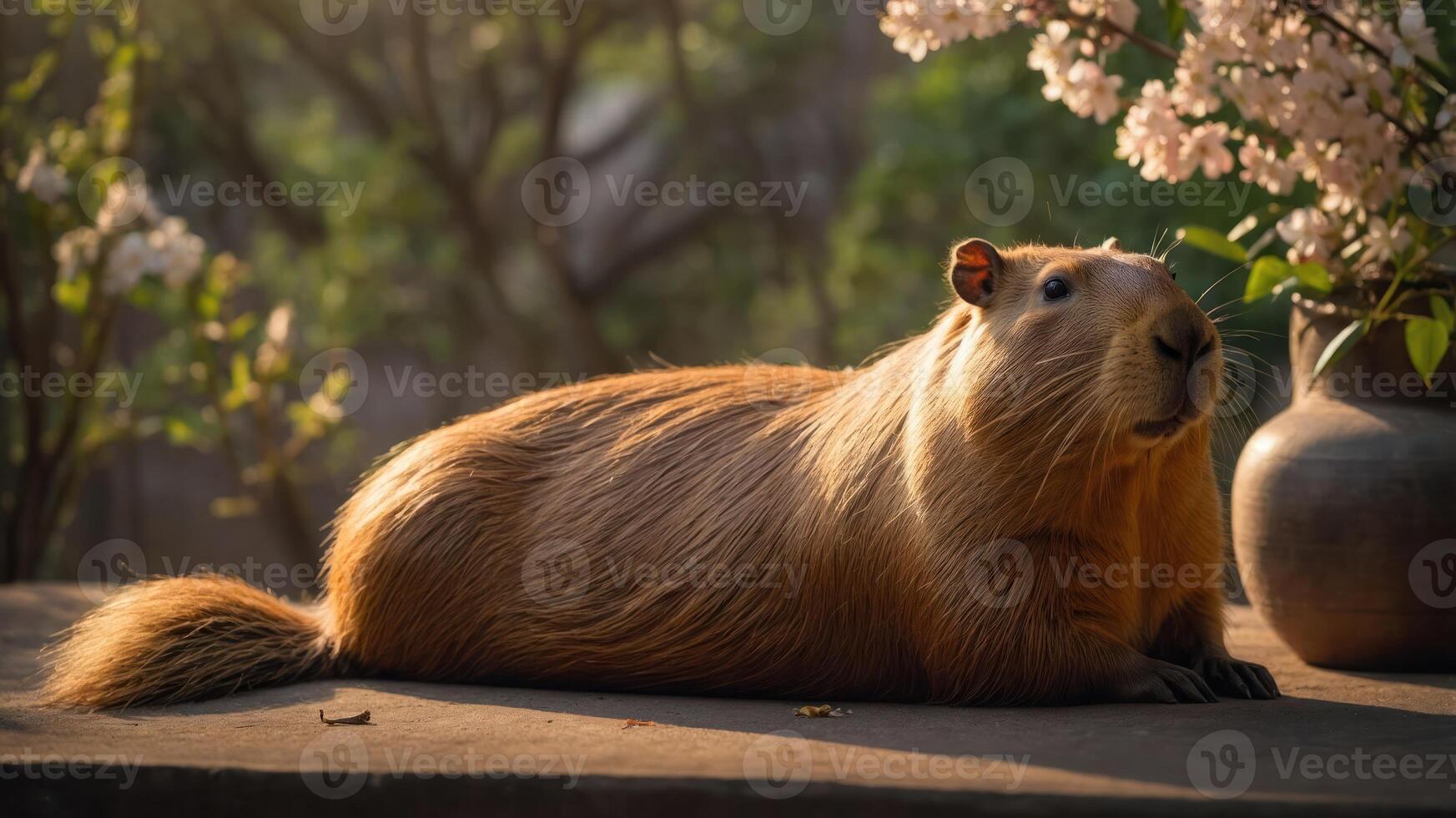 A capybara resting beside a vase of flowers in a serene outdoor setting. photo