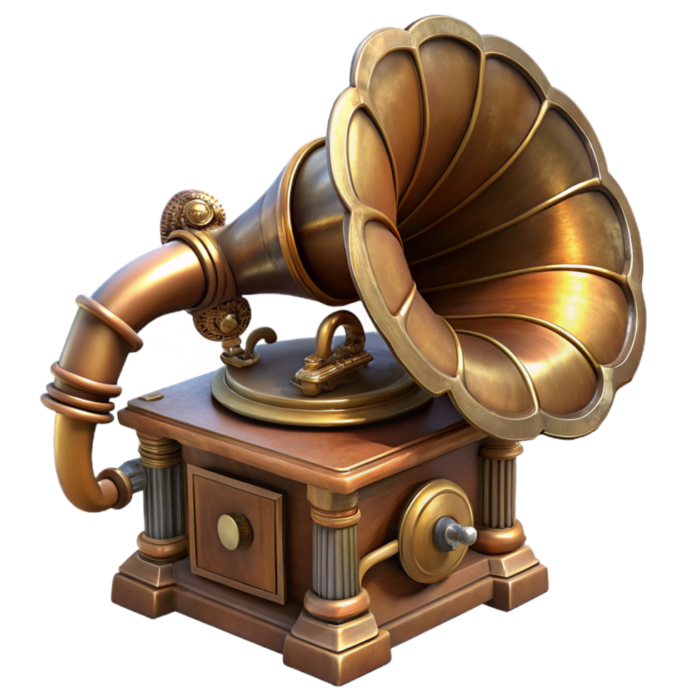 whimsical serene Steampunk gramophone with a large horn and intricate details. NO BACKGROUND with Transparent Background. flawless png