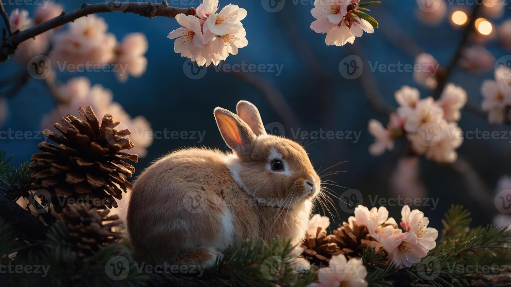 A serene rabbit sits among blooming cherry blossoms and pine cones in a tranquil setting. photo