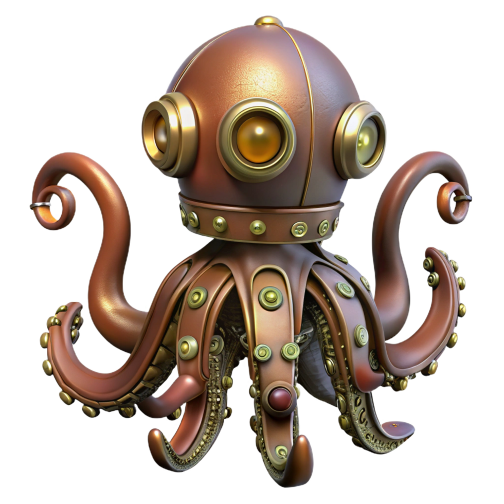 sumptuous unparalleled Steampunk octopus automaton with articulated tentacles. NO BACKGROUND with Transparent Background. png