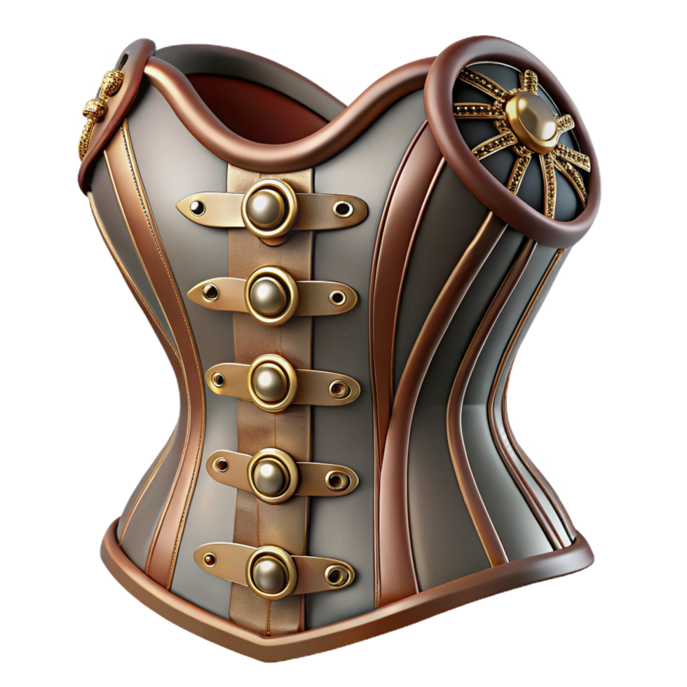 hypnotic peaceful rustic Steampunk corset with intricate lacing and metallic embellishments. NO BACKGROUND with Transparent Background. top-tier png