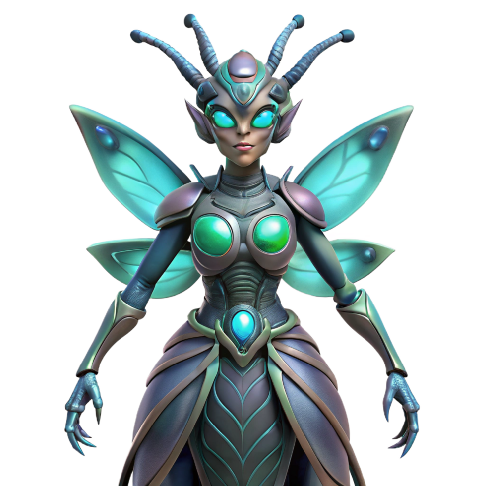 exquisite remarkable Alien insect queen, chitinous armor, bioluminescent, NO BACKGROUND with Transparent Background. png