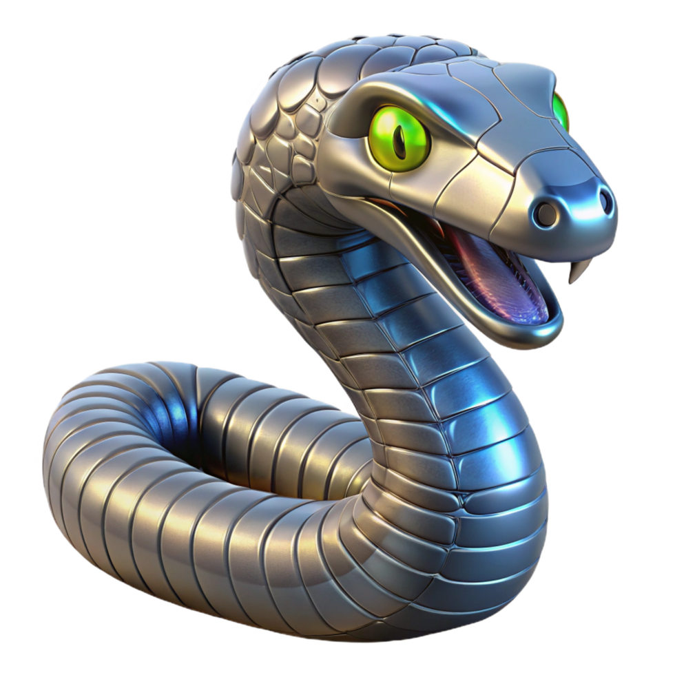 dramatic stunning Robotic snake with metallic scales and glowing eyes. NO BACKGROUND with Transparent Background. detailed png