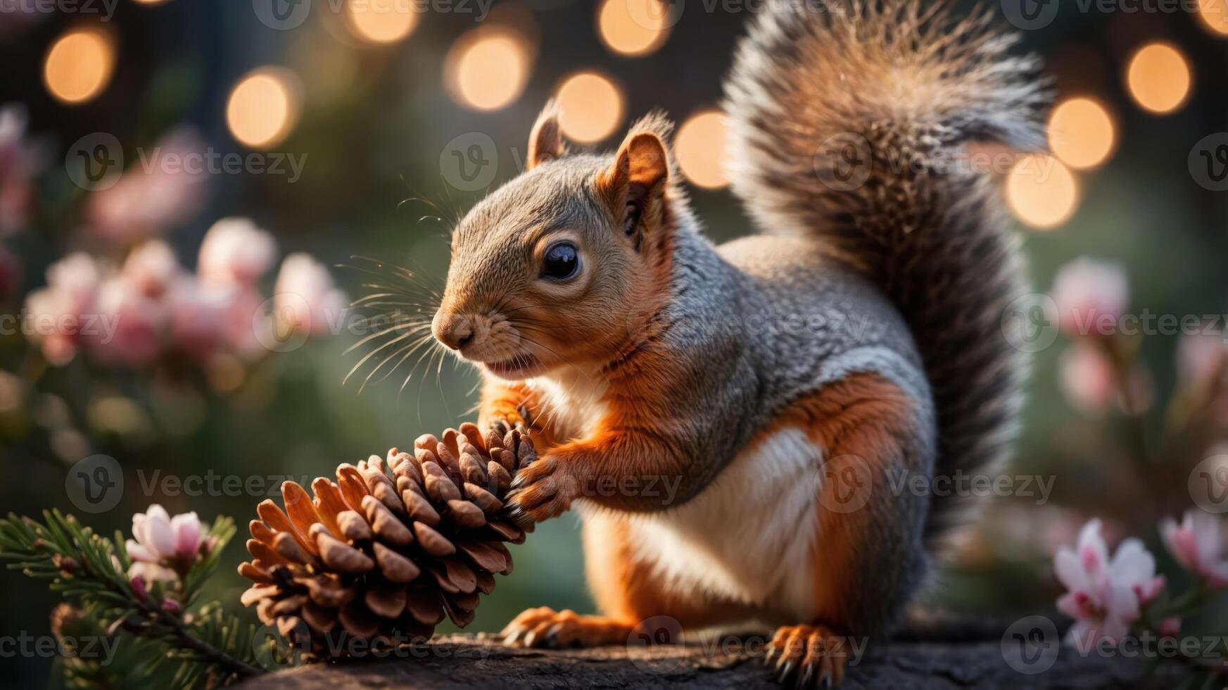 A squirrel holding a pine cone amidst flowers and soft lights. photo