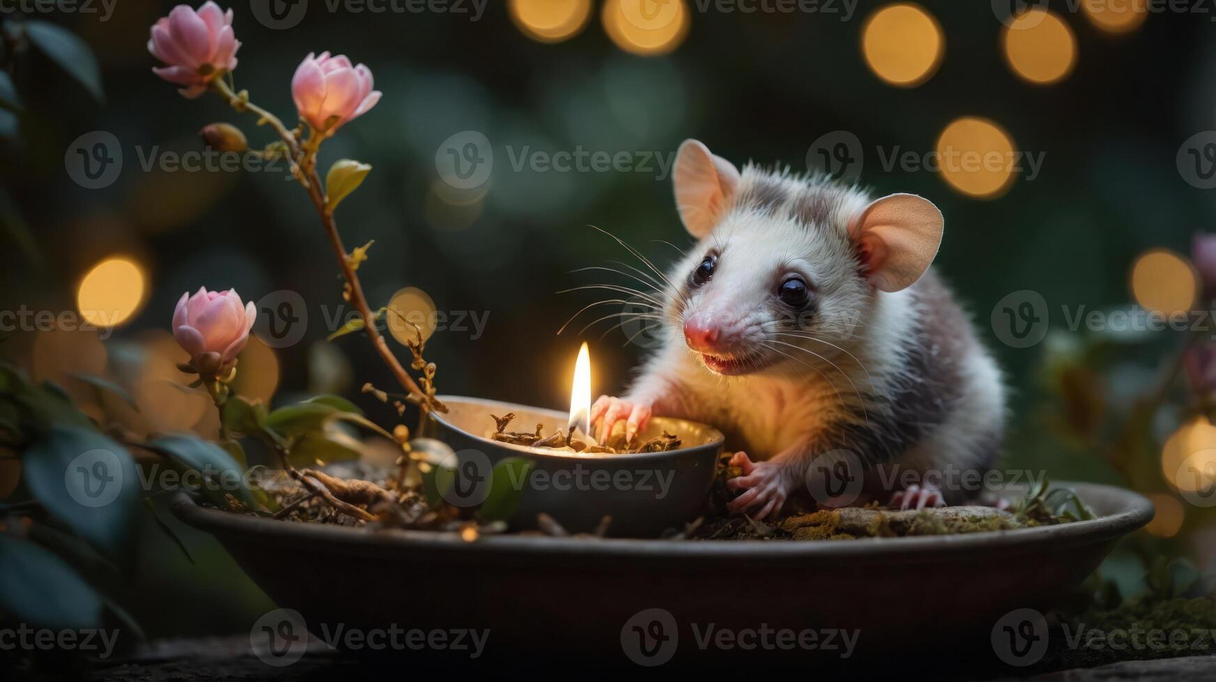 A cute possum near a candle surrounded by flowers, creating a serene atmosphere. photo