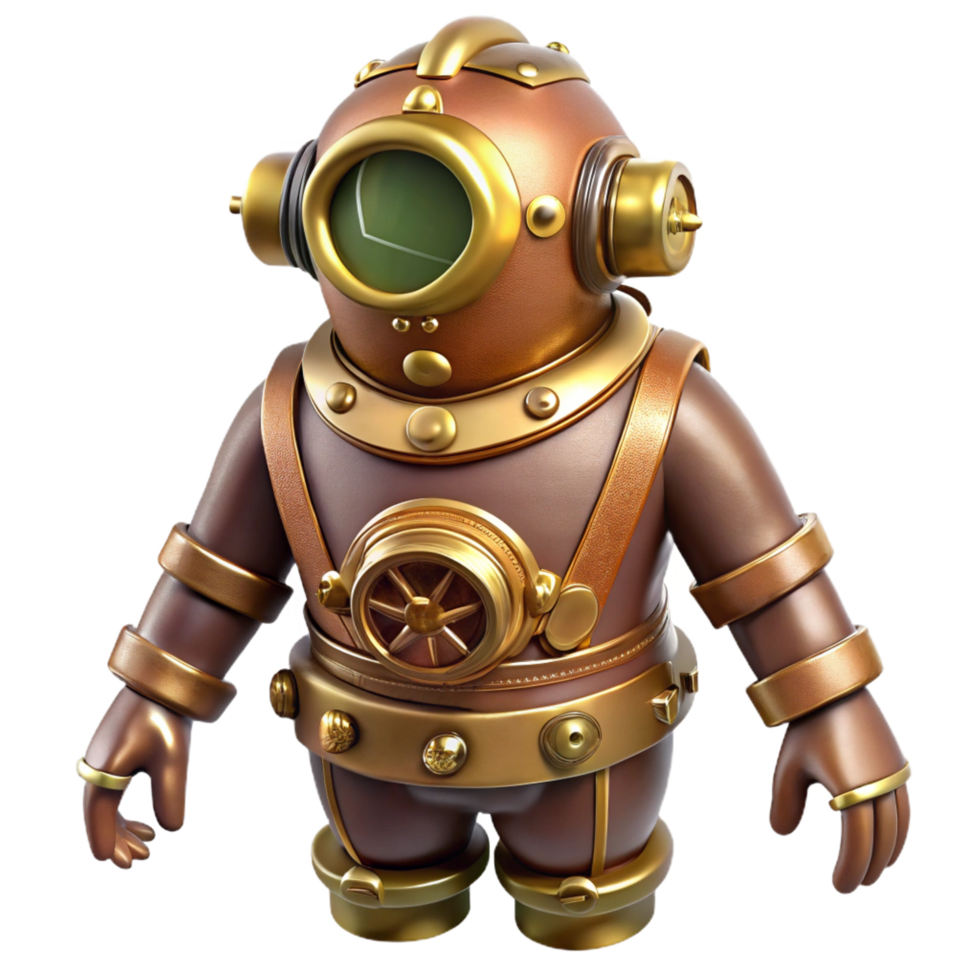 nostalgic picturesque Steampunk diving suit with brass helmets and articulated joints. NO BACKGROUND with Transparent Background. ultra HD png