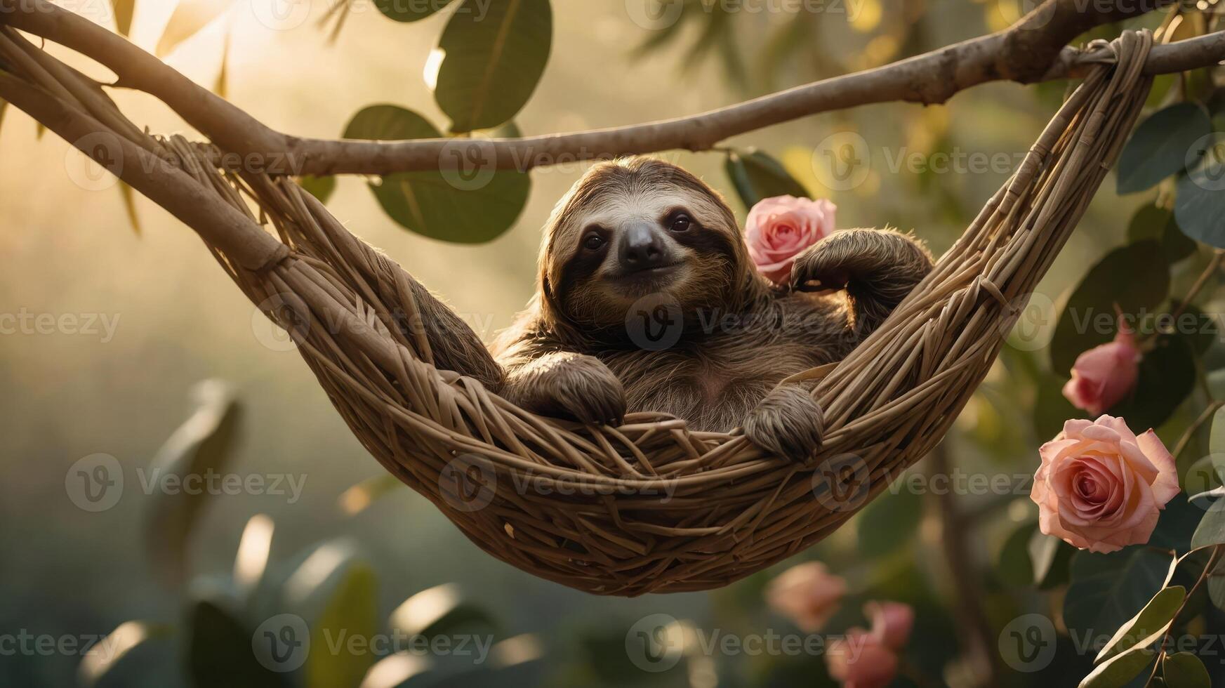 A sloth relaxing in a woven hammock surrounded by greenery and roses. photo