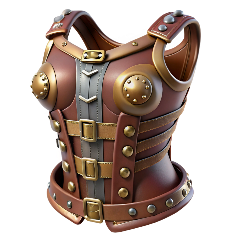 reflective immaculate Steampunk corset with metal buckles and leather accents. NO BACKGROUND with Transparent Background. expertly shot png