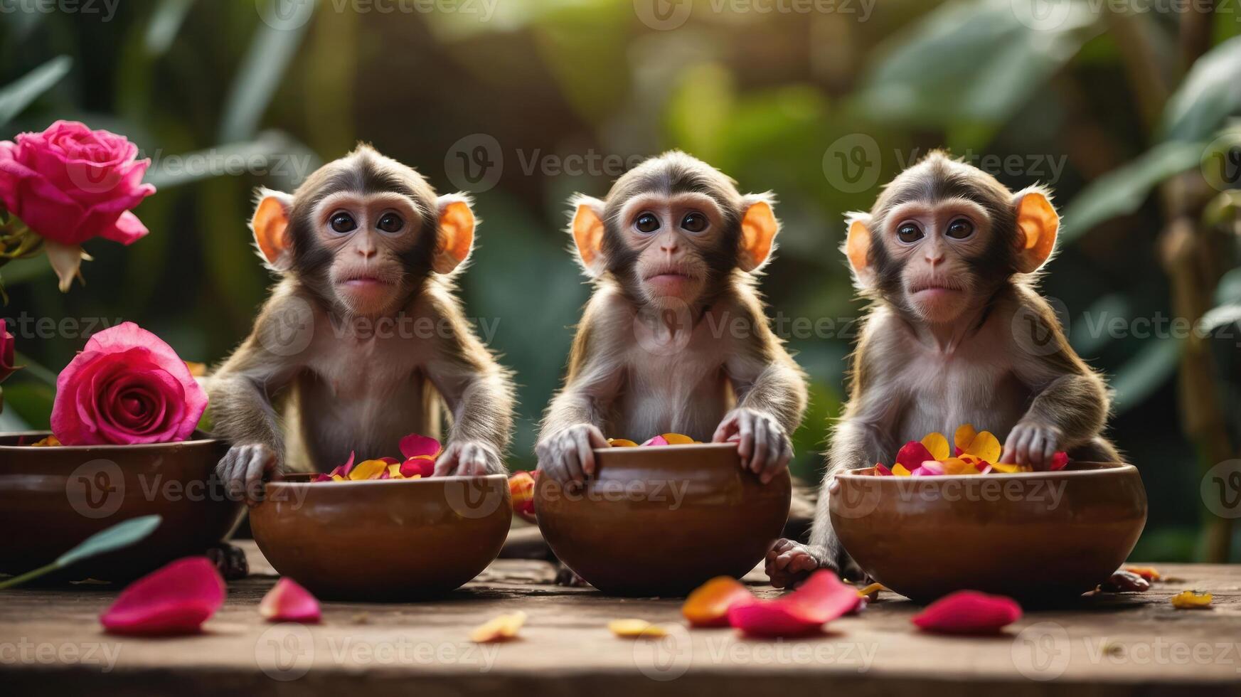 Three monkeys sitting with bowls of flower petals and roses in a lush environment. photo