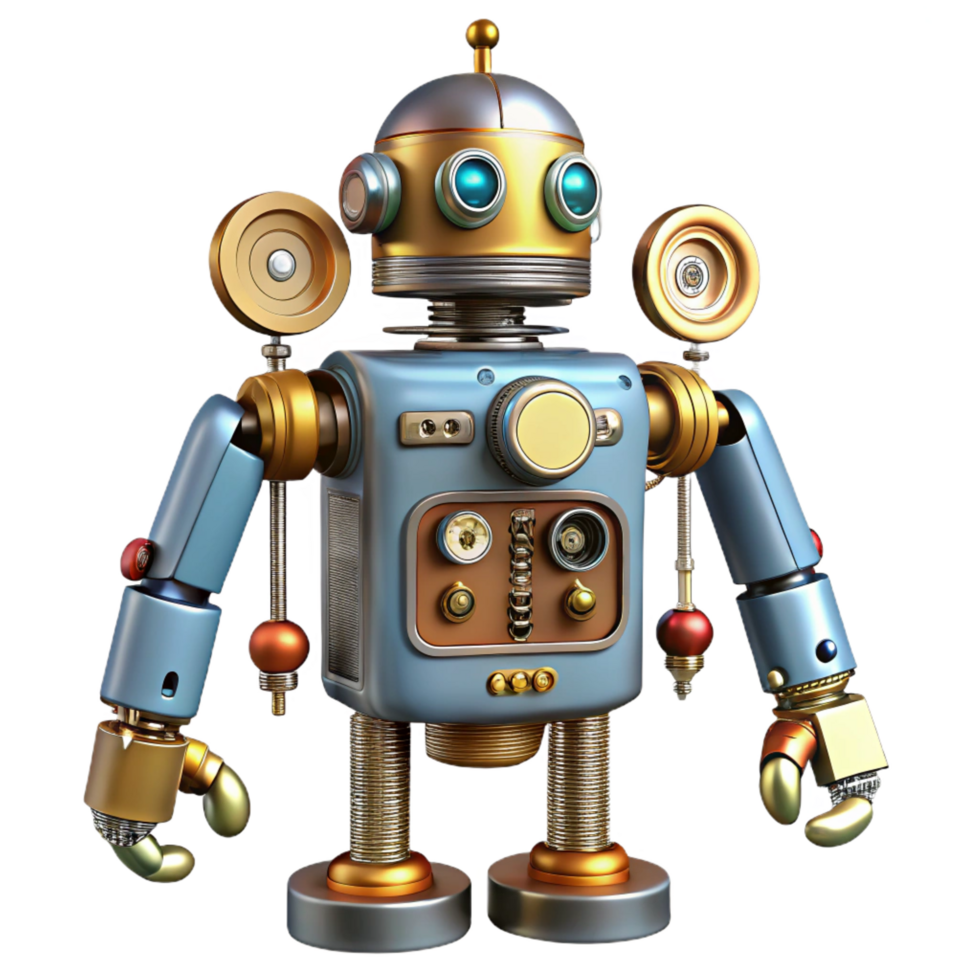 picturesque joyful urban Steampunk robot schematic with detailed component labels. NO BACKGROUND with Transparent Background. 8K png