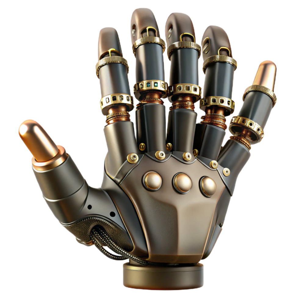 radiant industrial Steampunk robotic hand with articulated fingers and exposed wiring. NO BACKGROUND with Transparent Background. museum quality png