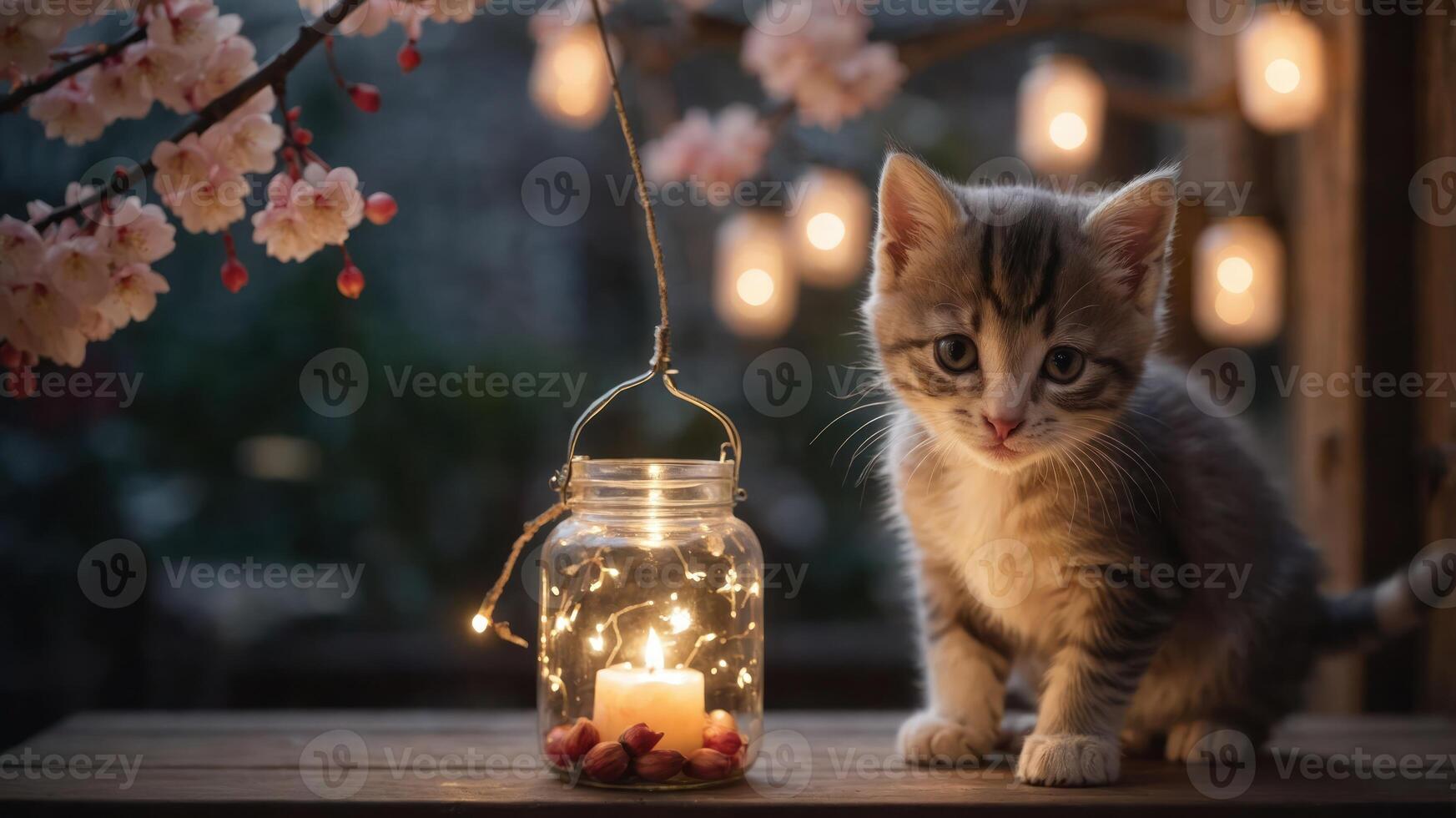 A cozy scene featuring a kitten beside a candle jar and cherry blossoms in soft lighting. photo