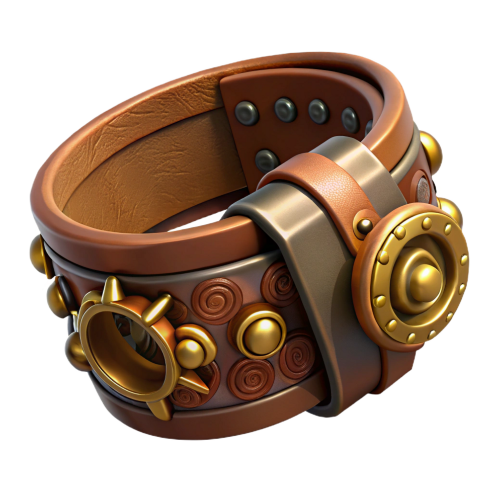 exceptional impressionist Steampunk bracelet with intricate carvings and leather straps. NO BACKGROUND with Transparent Background. expertly shot png