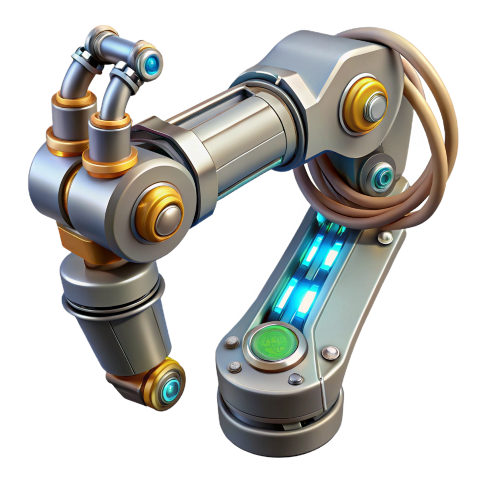 reflective dramatic Cyberpunk robotic arm with intricate wiring. NO BACKGROUND with Transparent Background. high resolution png