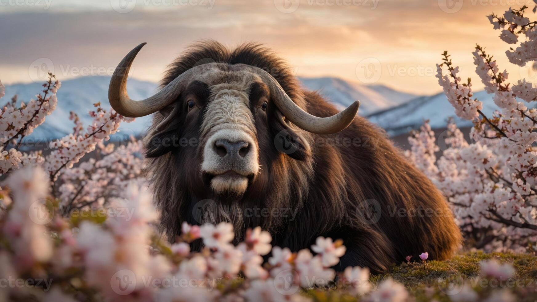 A musk ox resting among blooming cherry blossoms with mountains in the background. photo