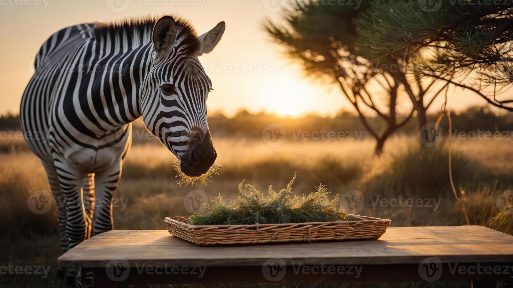 A zebra curiously approaches a basket of greenery at sunset in a natural setting. photo