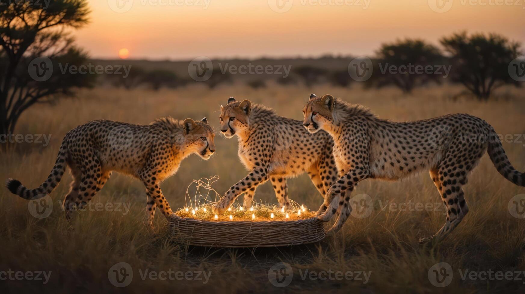 Three cheetahs playfully interacting with a lit basket at sunset in a grassy landscape. photo