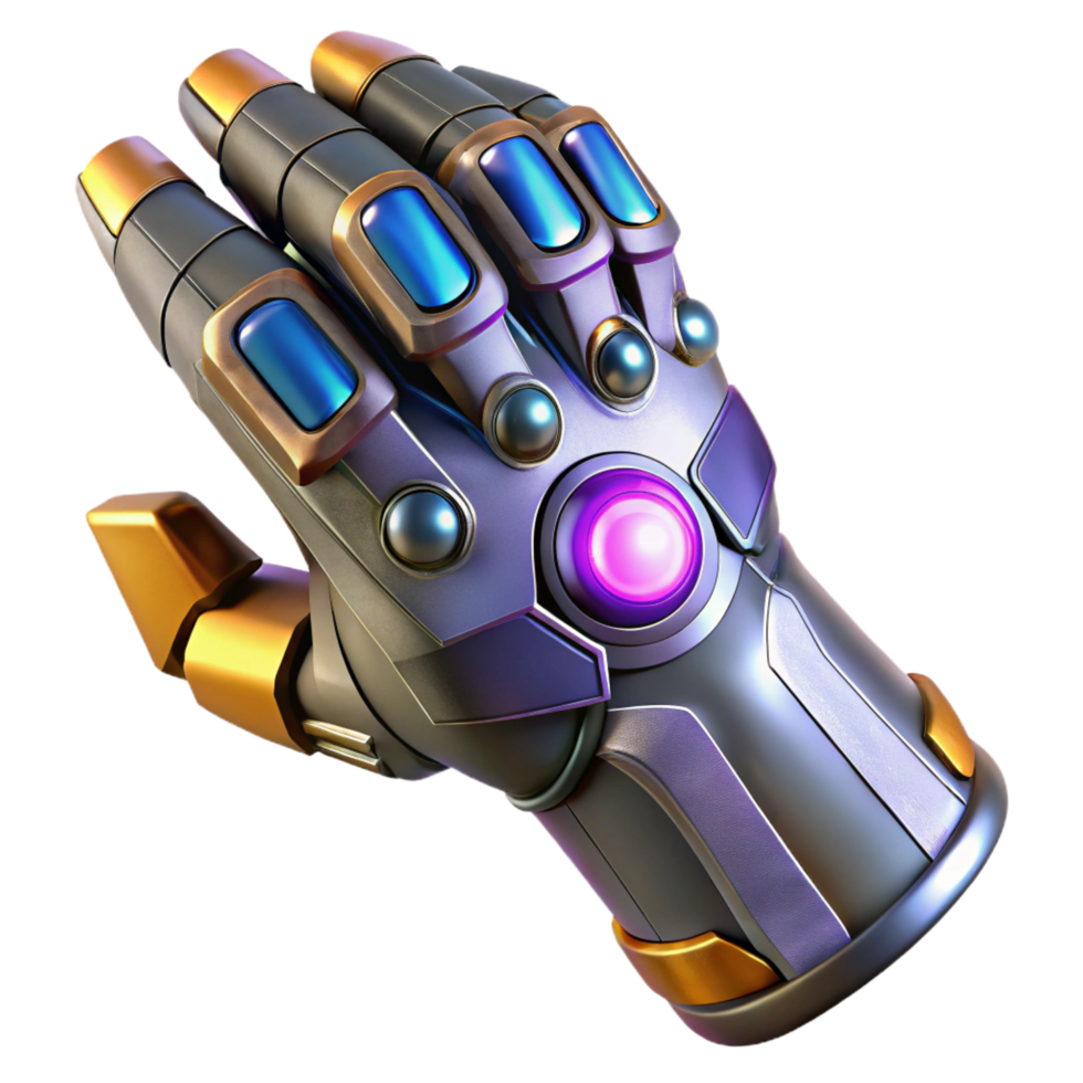 extraordinary art deco Sci-fi power armor gauntlet with energy weapon NO BACKGROUND with Transparent Background. expertly shot png