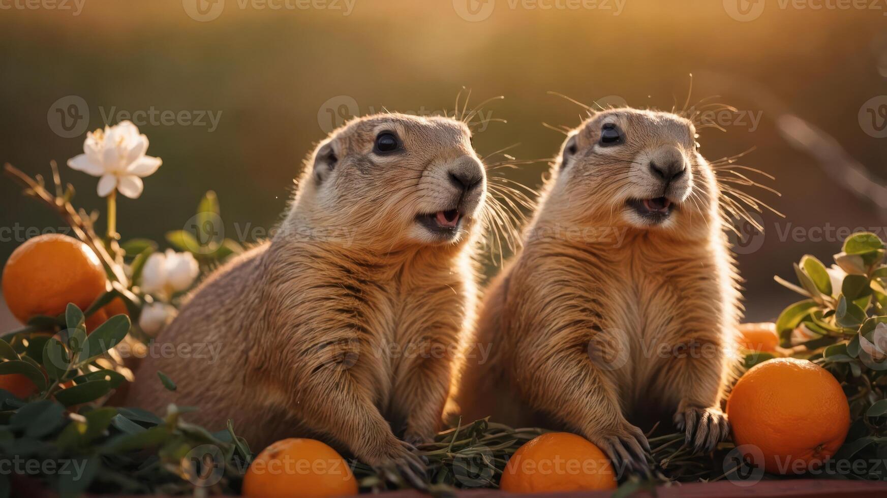 Two prairie dogs surrounded by oranges and flowers in a warm, natural setting. photo