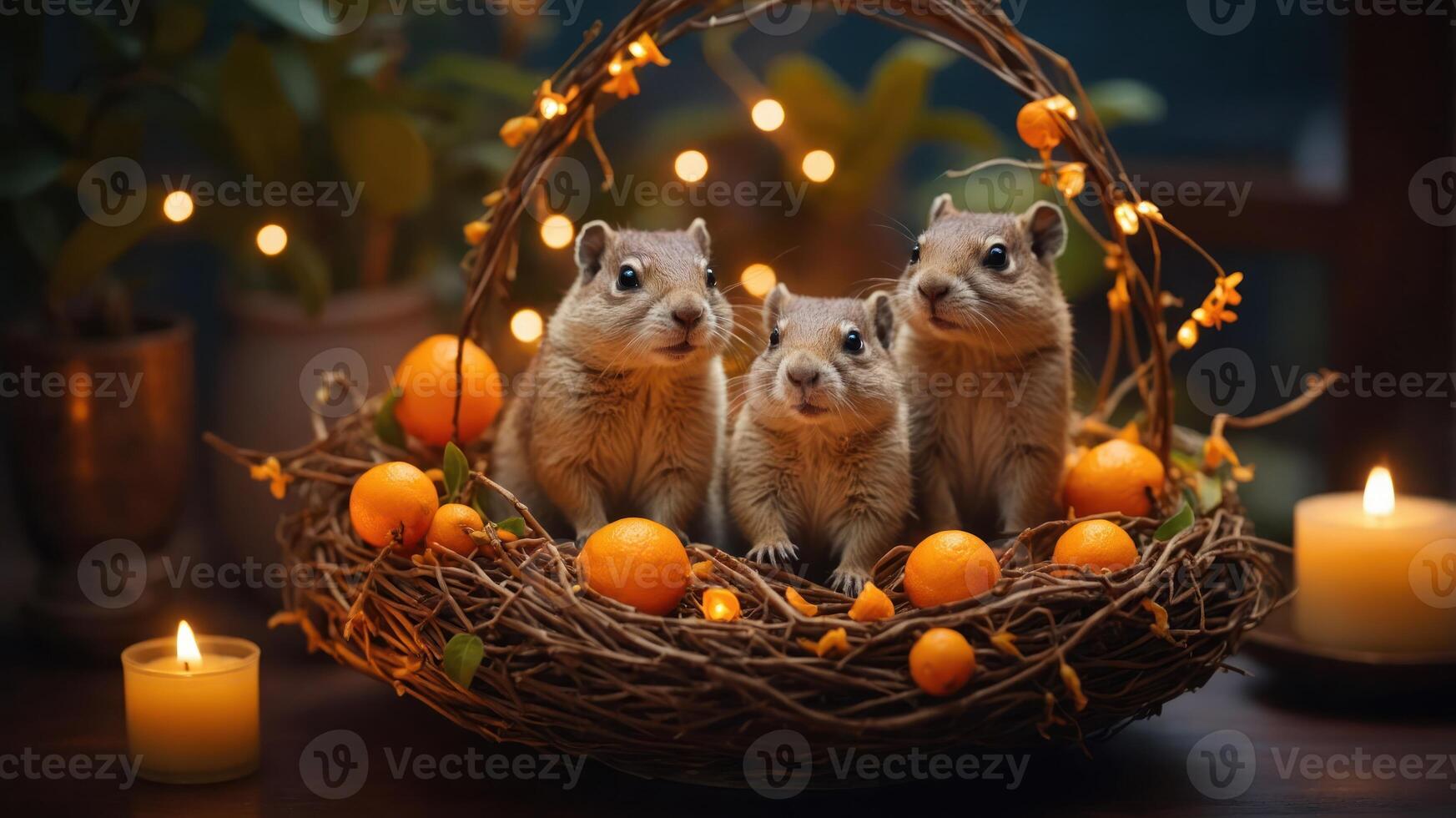 Three adorable rodents sit in a nest adorned with oranges and candles, creating a cozy scene. photo