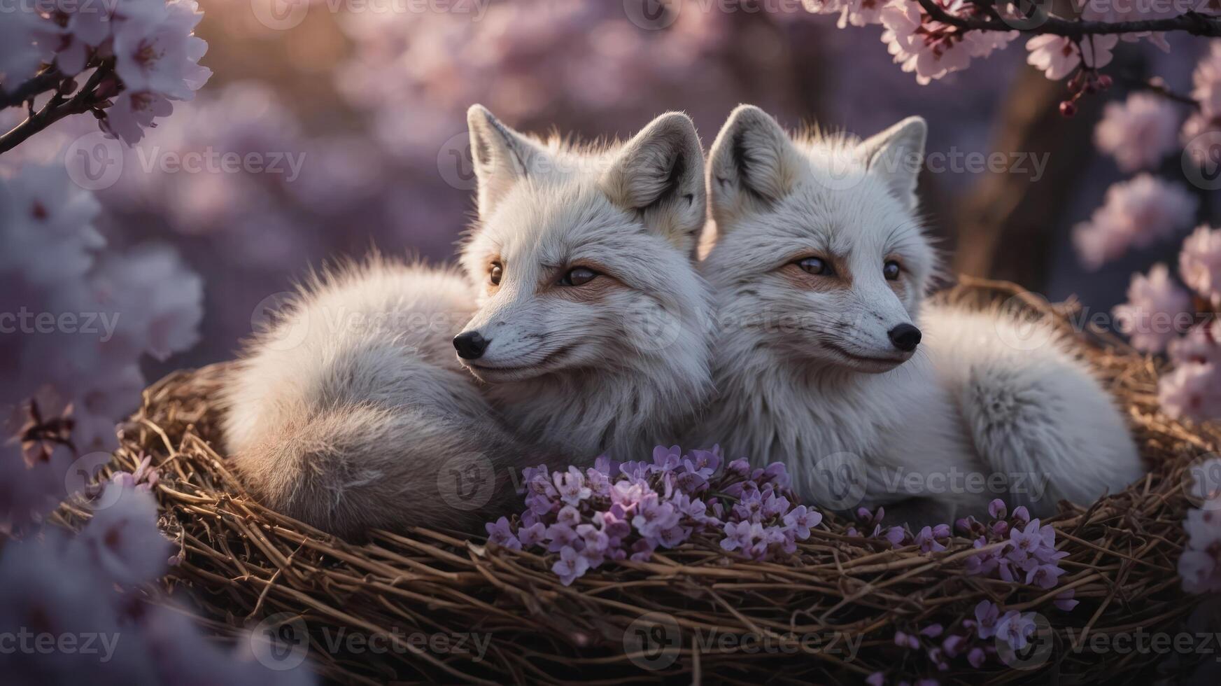 Two foxes nestled in a nest surrounded by blooming cherry blossoms. photo