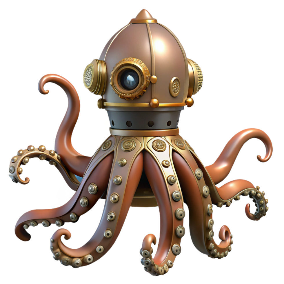 hypnotic reflective geometric Steampunk octopus automaton with articulated tentacles. NO BACKGROUND with Transparent Background. masterfully captured png