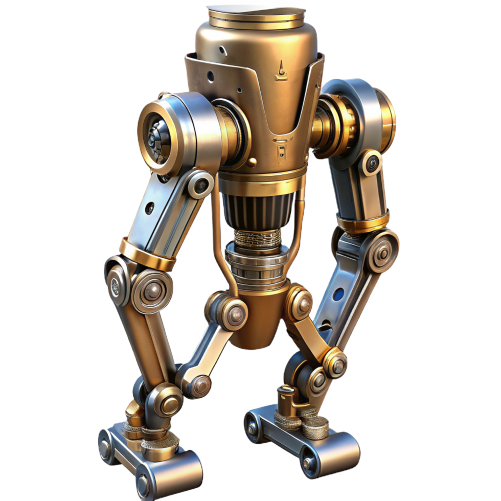 pristine memorable Steampunk robotic leg with intricate pistons and metal plating. NO BACKGROUND with Transparent Background. png