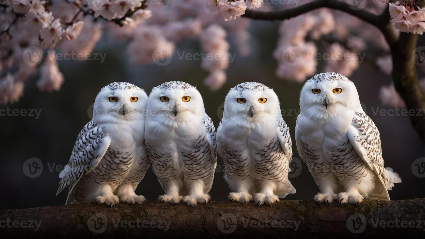 Four snowy owls perched on a branch with cherry blossoms in the background. photo