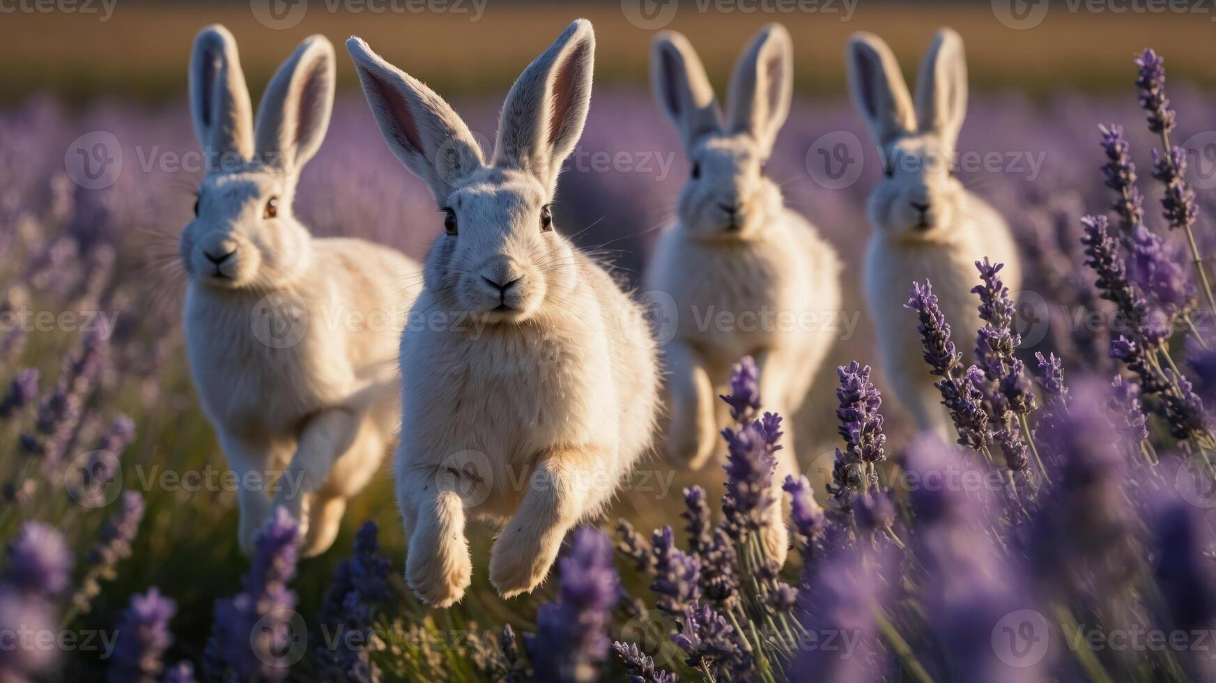 Four rabbits running through a lavender field during the day. photo