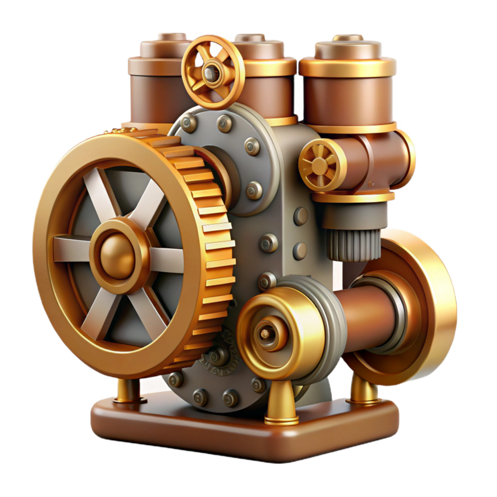 spectacular renaissance Steampunk clockwork engine with exposed gears and pistons. NO BACKGROUND with Transparent Background. 8K png