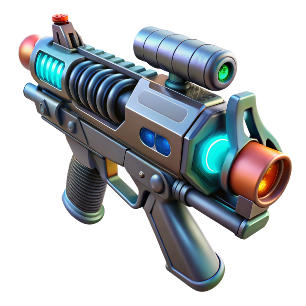 striking mid-century Futuristic weapon, plasma rifle, energy coils, targeting scope. NO BACKGROUND with Transparent Background. elite png