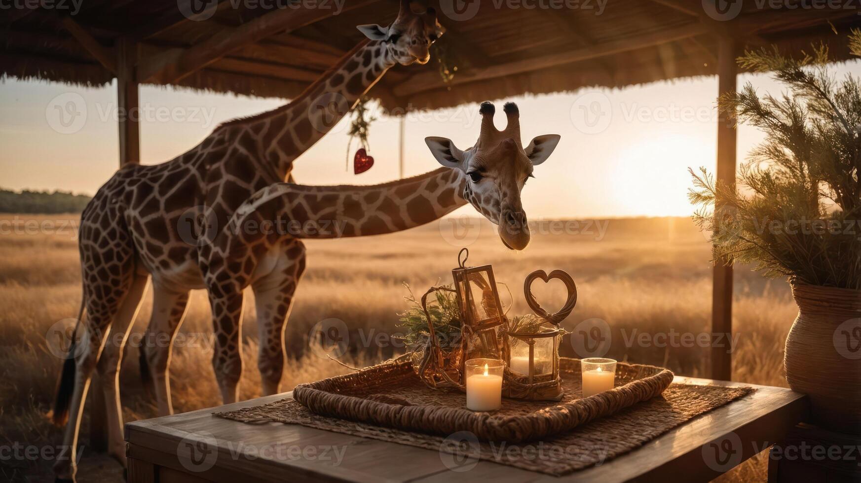 Two giraffes curiously approach a beautifully set table at sunset in a serene landscape. photo
