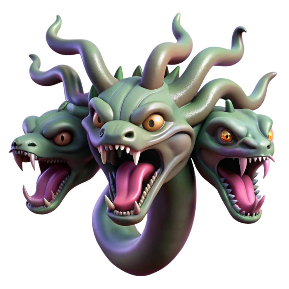 distinguished industrial Mythical hydra head, multiple serpentine necks, venomous fangs, NO BACKGROUND with Transparent Background. crisp png