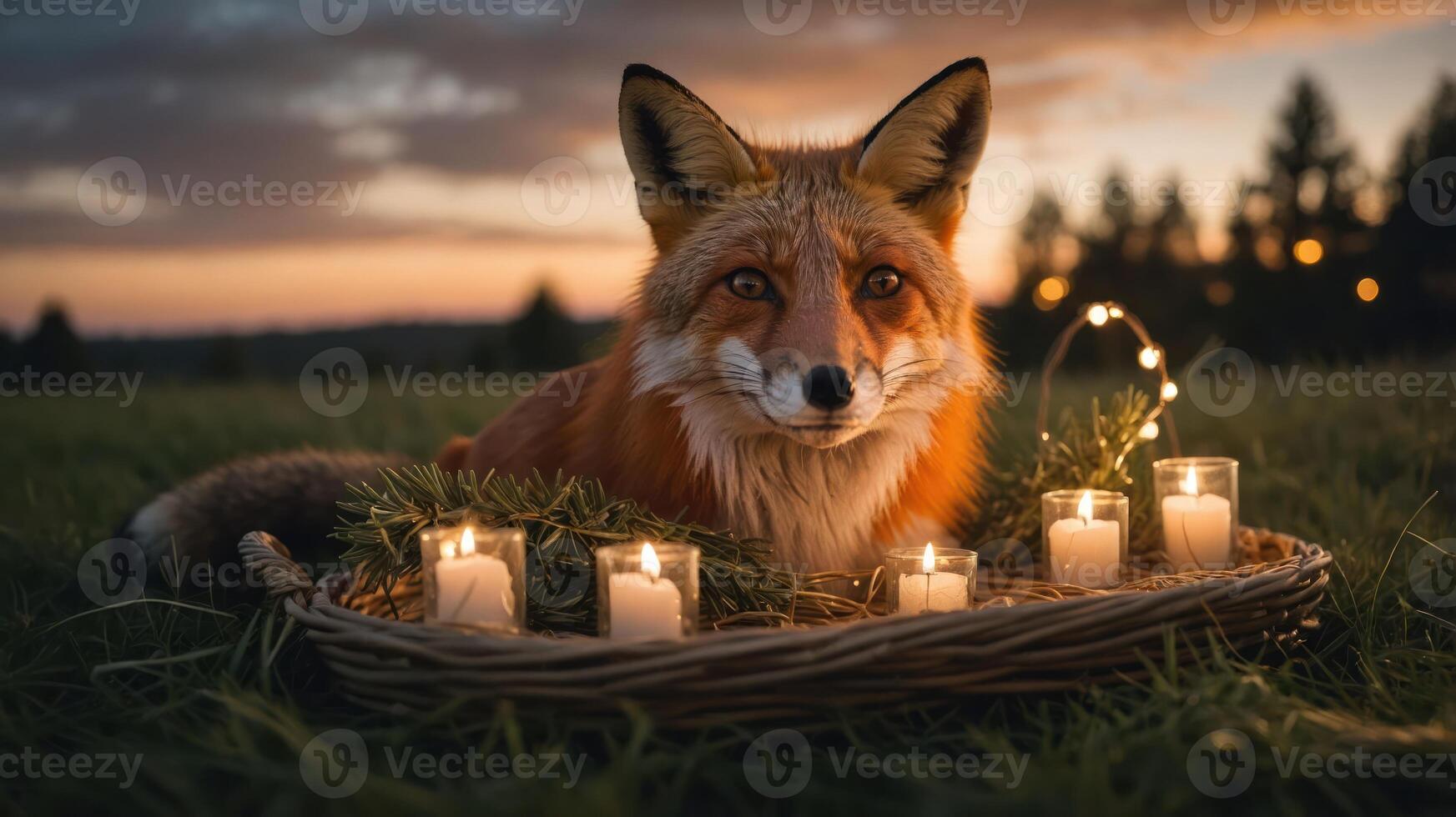 A fox surrounded by candles in a serene outdoor setting at sunset. photo