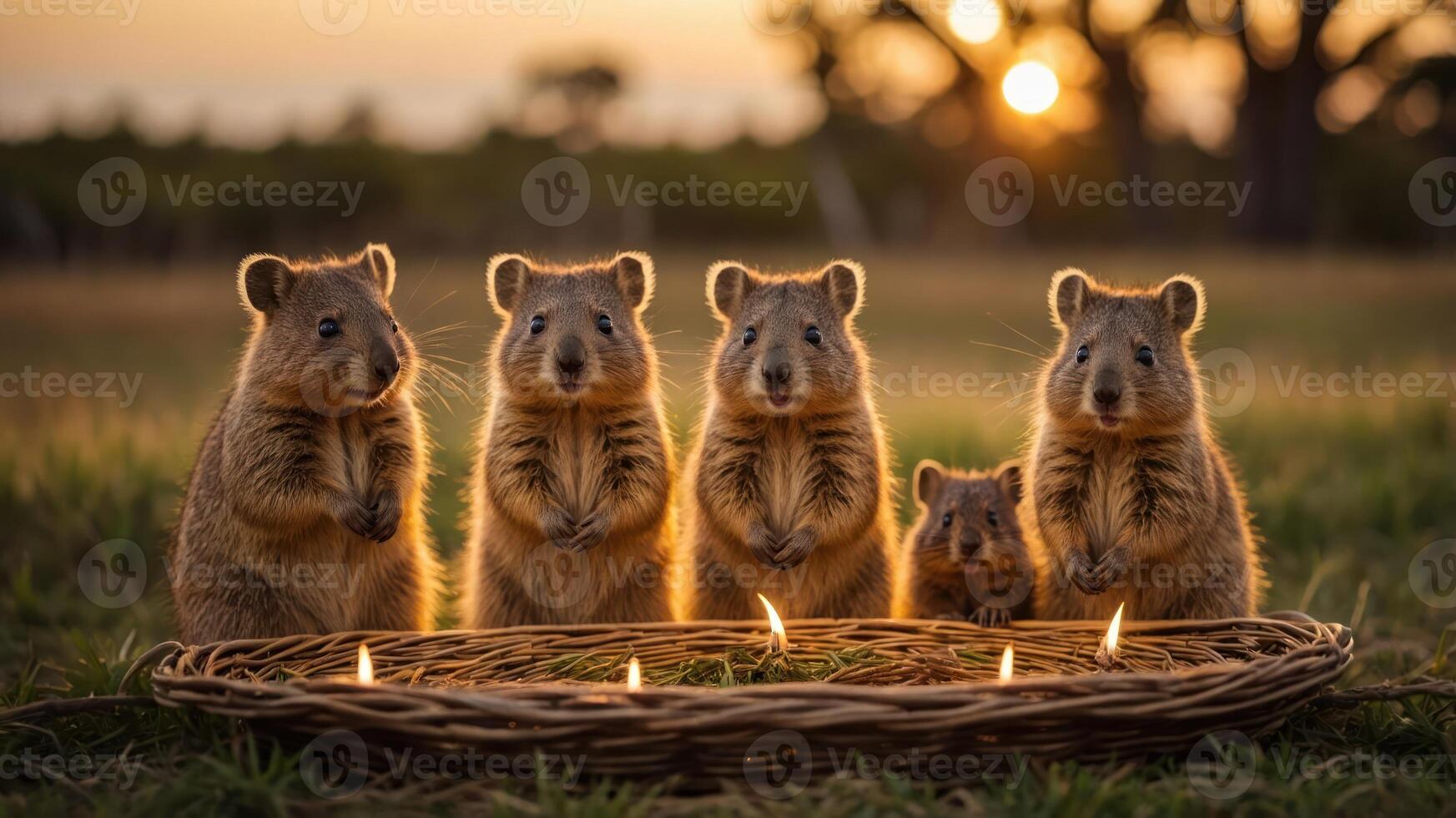 Five quokkas gathered around a circle of candles at sunset in a grassy field. photo