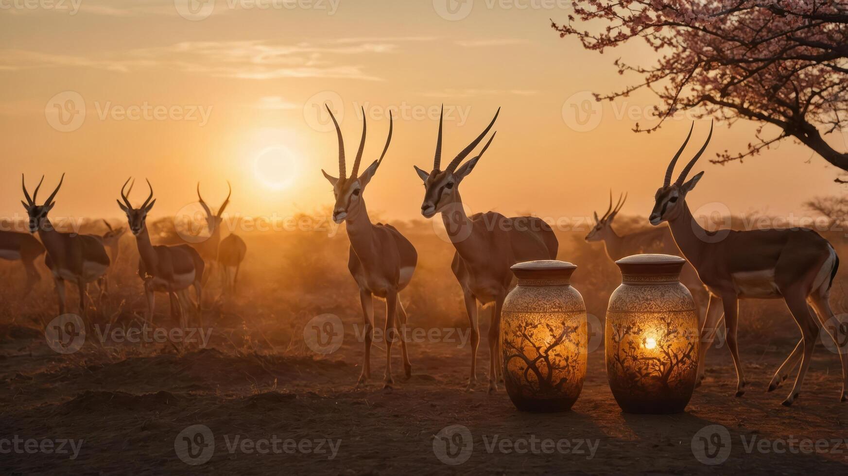 Antelopes near decorative jars at sunset, creating a tranquil and beautiful scene. photo