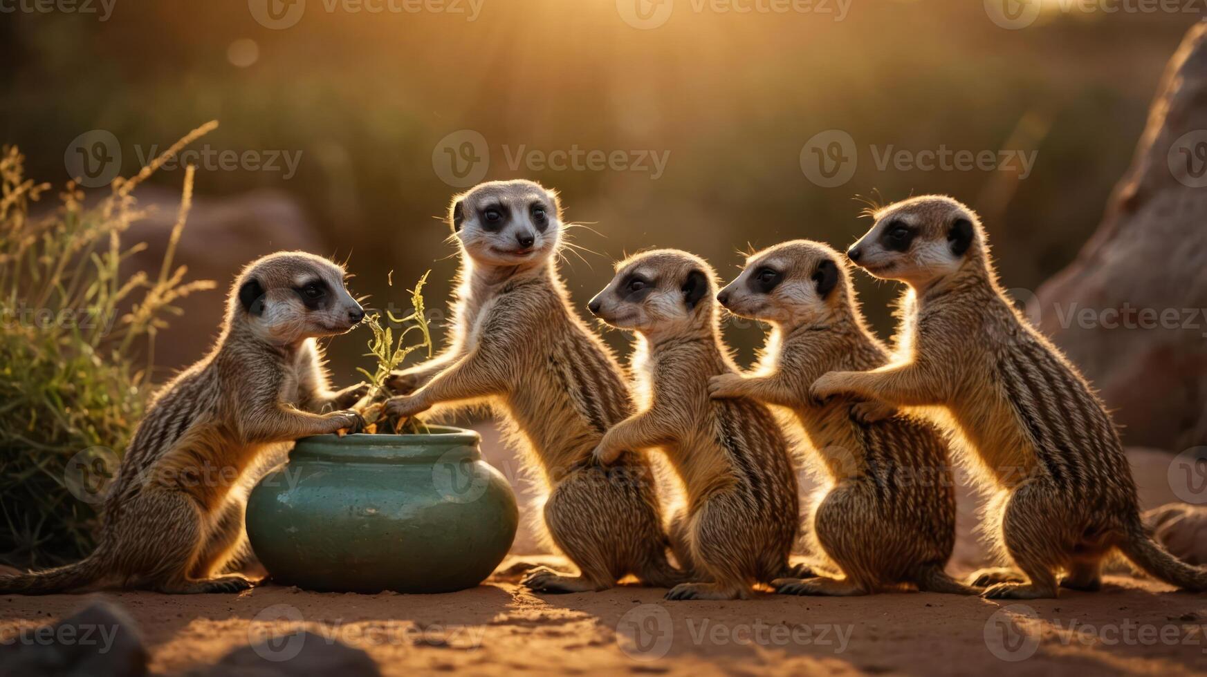 A group of meerkats curiously interacting with a pot in a sunlit environment. photo