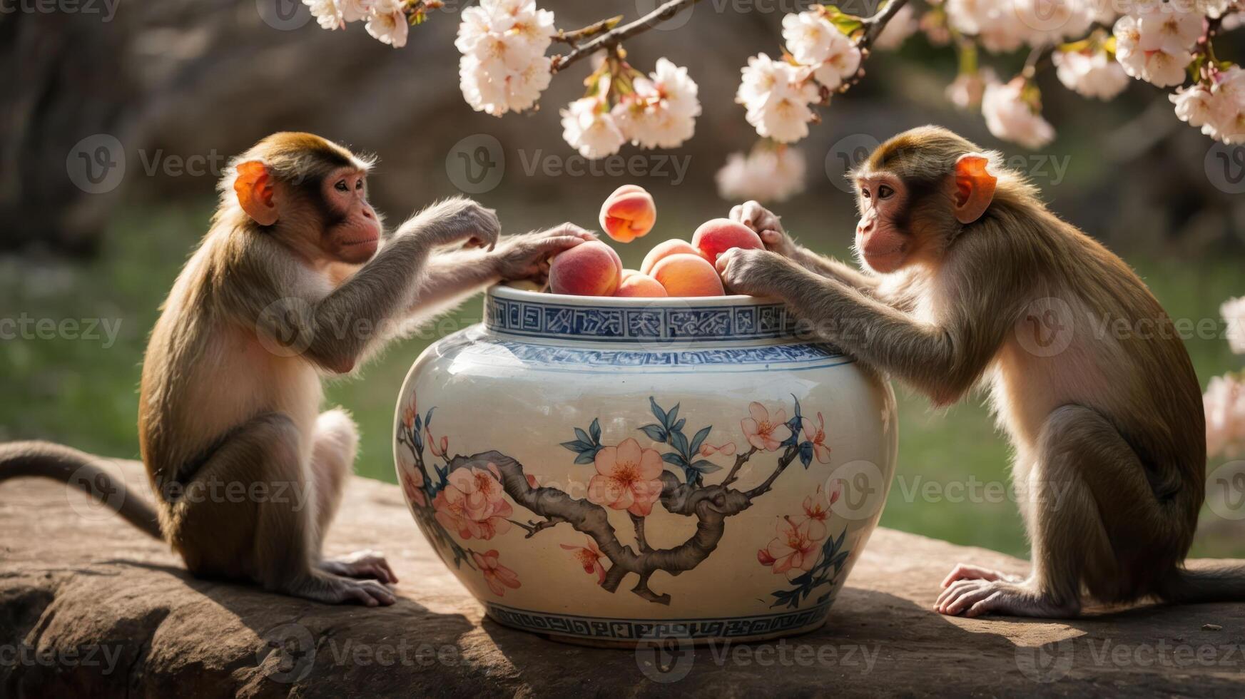 Two monkeys play with fruit in a decorative bowl under blooming branches. photo